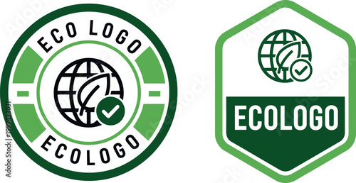 Eco friendly certification badge icons with globe and leaf for sustainable product labeling and green branding