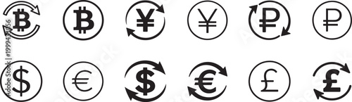 Currency exchange line icon set vector, money signs for finance apps, pixel perfect editable stroke.