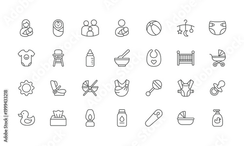 Diverse Collection of Outline Icons Representing Parenting and Childhood Essentials