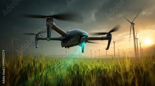 Drone flies over a field with wind turbines at sunset while capturing data on a clear day