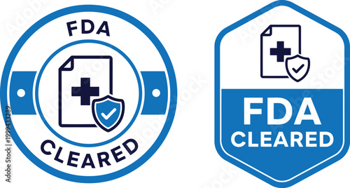 FDA Cleared Badge Icons Set – Medical Approval Certification Vector Design in Blue and White