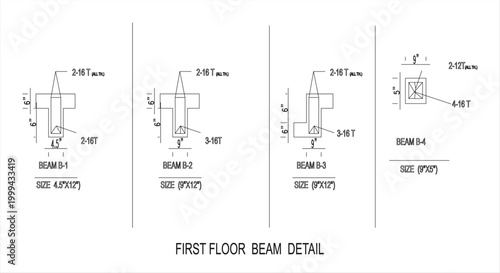 Detailed architectural drawing of first floor beam construction plans and blueprints