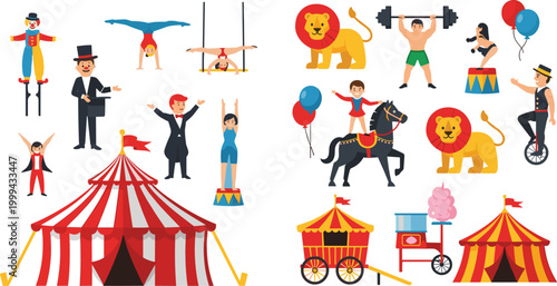 Circus Performers and Show Elements Set in Flat Style, Collection of Clowns, Acrobats, Strongman, Lion, Tents and Carnival Entertainment Vector Illustration
