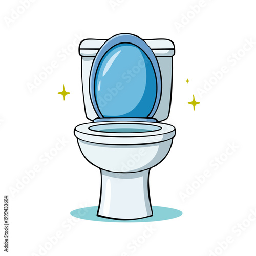 Clean white toilet with a blue seat open for use with sparkling highlights