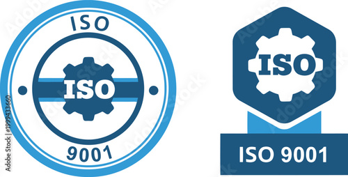 ISO 9001 certification badge icons in blue for quality management and business standards compliance