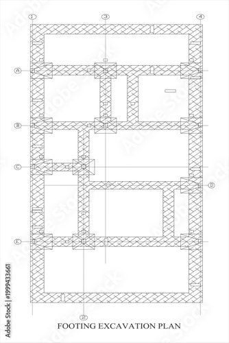 Footing excavation plan with detailed architectural blueprint and measurements