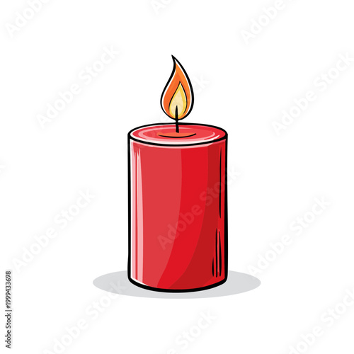 A vibrant red pillar candle with a flickering flame, hand-drawn illustration style