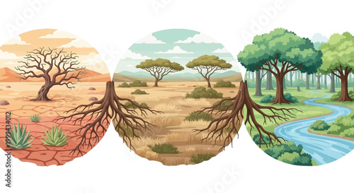 Environmental change, drought, growth, ecosystem evolution, nature transformation, vector illustration