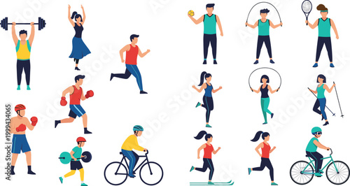 People Fitness and Sports Activities Set in Flat Style, Collection of Running, Cycling, Boxing, Jump Rope, Weightlifting and Workout Exercises Vector Illustration