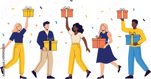 Happy People Celebrating with Gift Boxes Vector Illustration Featuring Diverse Individuals with Presents and Confetti for Holiday and Celebration Design.