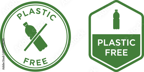 Green plastic free eco badge icons for sustainable packaging and zero waste product labeling