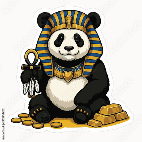 Cute giant panda wearing an elaborate golden pharaoh headpiece while holding a royal ankh symbol and sitting on gold bars