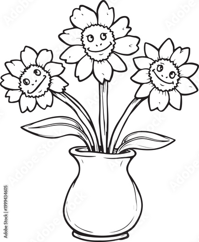 Hand drawn cute potted blooming Line Art flowers coloring page for adults and kids