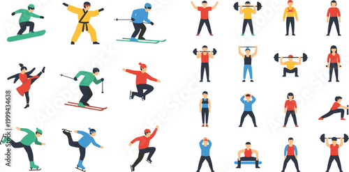 Winter Sports and Gym Workout People Set in Flat Style, Collection of Skiing, Snowboarding, Ice Skating, Weightlifting and Fitness Exercises Vector Illustration