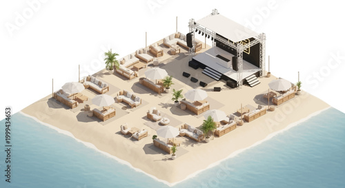 Isometric summer festival scene featuring a stage setup on a sandy beach with lounge areas and palm trees, rendered in bright, summery colors, offering a bird's-eye view and a relaxing