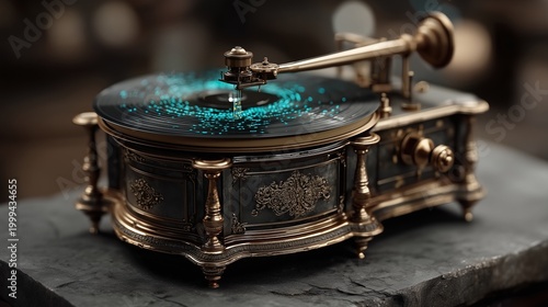 Ornate baroque-steampunk record player featuring multiple golden stylus points and a glowing cyan matrix record