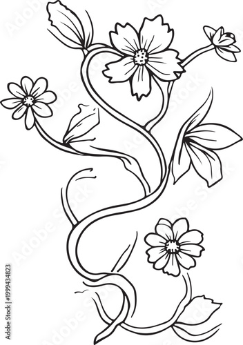 Hand drawn cute potted blooming Line Art flowers coloring page for adults and kids