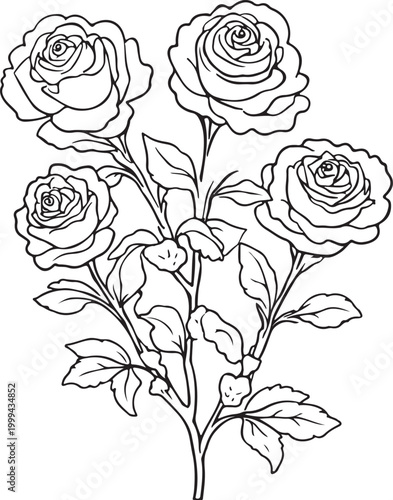 Hand drawn cute potted blooming Line Art flowers coloring page for adults and kids