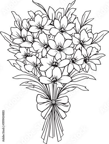 Hand drawn cute potted blooming Line Art flowers coloring page for adults and kids
