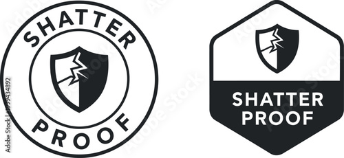 Shatterproof badge icons with shield and crack symbol for safety and durability product labeling