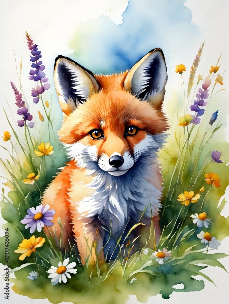 Fototapeta premium Watercolor Fox in a Field of Flowers