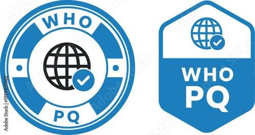 Blue WHO PQ Certification Badge Icons with Globe and Check Mark for Quality Assurance and Compliance
