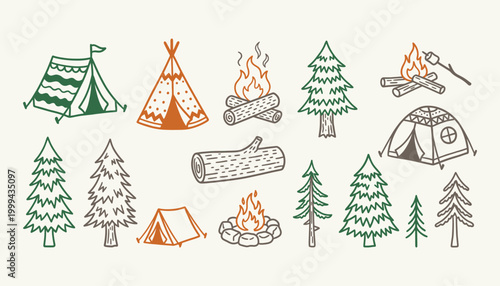 Hand drawn camping doodle set featuring rustic tents and forest elements for outdoor adventure