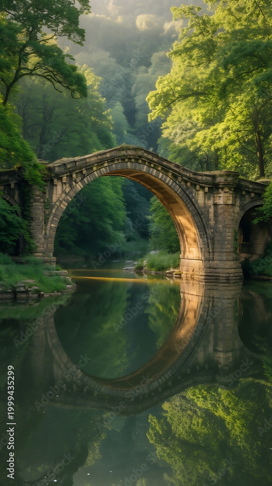 Fototapeta premium A serene stone bridge spans a tranquil river surrounded by lush green trees and foliage