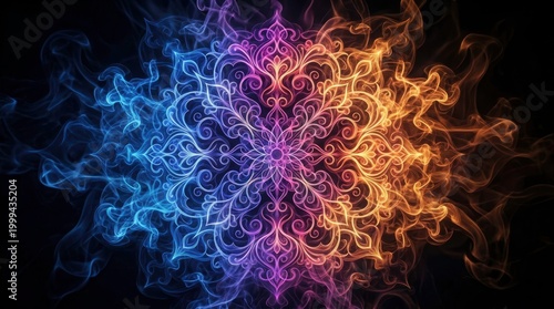 Abstract floral design formed by colorful smoke in a dark background, mandala art.