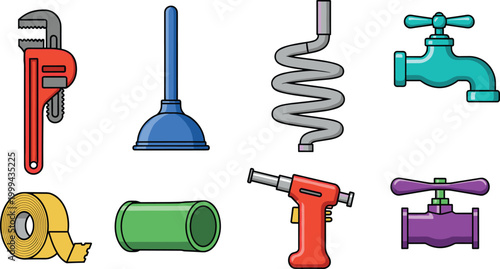 Plumbing and Repair Tools Icon Set Featuring Wrench, Plunger, Pipe, Valve, Tape, and Hose for Home Improvement, Repair Services, and DIY Websites, Apps, and Digital Media Designs