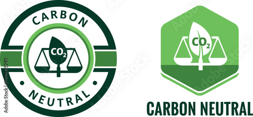 Carbon Neutral Badge Icons with CO2 Emission Balance Symbol in Green for Eco-Friendly Certification