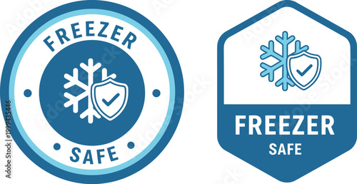 Freezer Safe Icon Set – Blue Badge Labels with Snowflake and Shield for Food Packaging and Storage