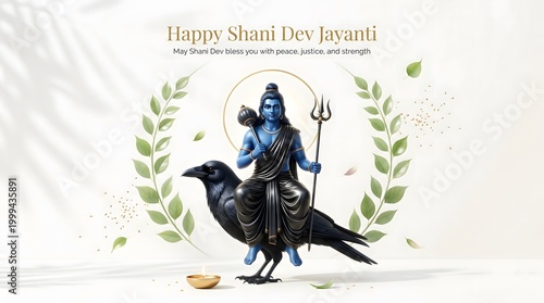 Divine shani dev deity riding crow symbolizing justice and karma with laurel wreath accents