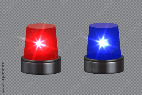Red and blue emergency siren with rotating beacon light creates urgent alert signal for police, ambulance, and fire safety response vehicles in 3D illustration.
