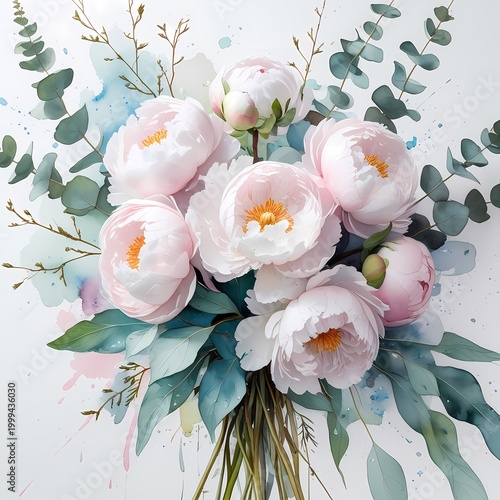 botanical illustration of peony flowers with green leaves in watercolor style
