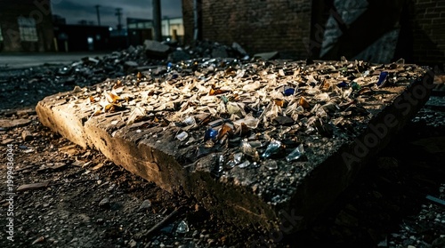 Industrial scene with broken glass debris on a concrete slab in an alley