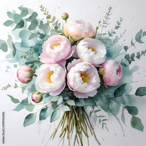 watercolor peonies and eucalyptus greenery isolated on white paper texture