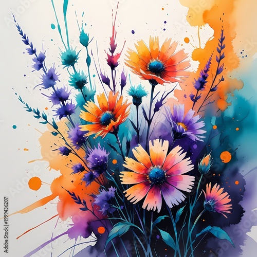 vibrant watercolor wildflowers painting with expressive ink linework