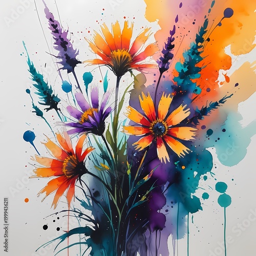 abstract floral illustration with colorful paint drips and splatters