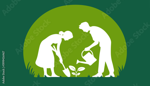 Couple gardening silhouette vector illustration planting a small tree with watering can and shovel