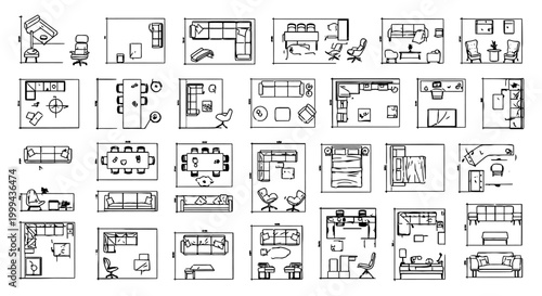 collection of architectural floor plan furniture elements for interior design in top view