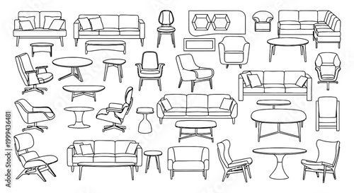 clean line drawing furniture set for interior design sofas chairs and tables