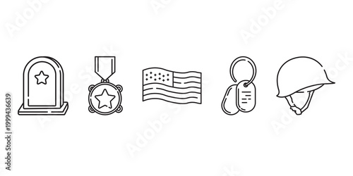 Military Memorial and Veterans Day Icon Set Line Art