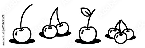 Cherry fruit icon set in a minimalist black line art style