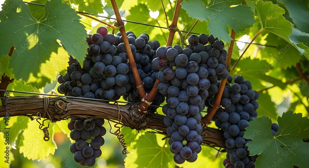 Naklejka premium Ripe Grapes on the Vine - A Close-Up of Vineyard Harvest.
