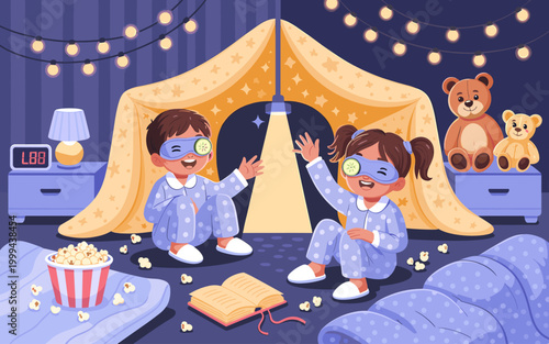 A delightful slumber party scene with two children.