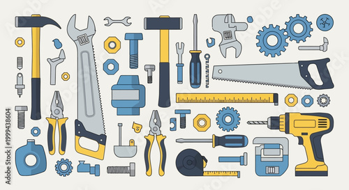 Assorted Hand Tools and Gears Collection - DIY and Repair Flat Design