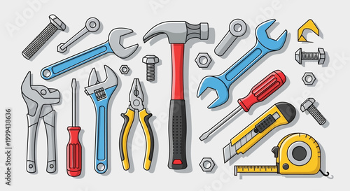 Assorted Hand Tools Collection on Gray Background - DIY and Repair Concept
