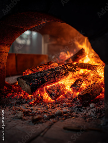 Burning wood logs inside a glowing oven preparing for warmth