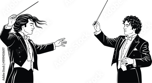 Orchestra Conductor Portrait Illustration with Baton, Classical Music Performance, and Maestro Expression